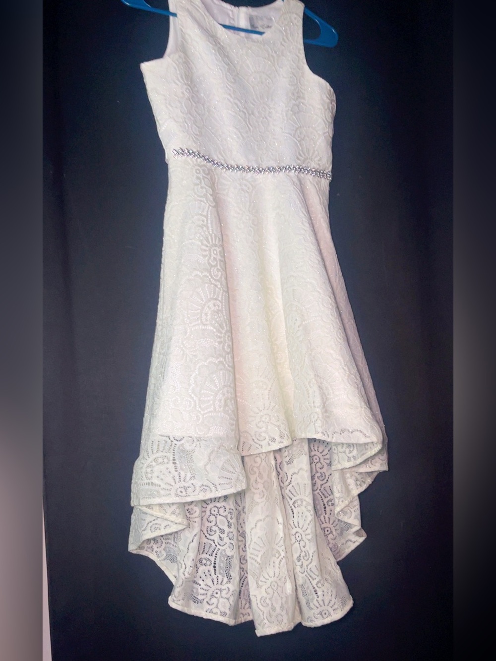 Girls Size 12 Rare Editions White Lace High-Low Dress Rhinestone Belt